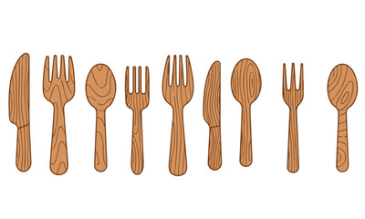 Wooden Cutlery and Utensil Set, wood-textured flat design icons featuring various types of cutlery, including knives, forks, and spoons, ideal for eco-friendly or rustic dining themes.