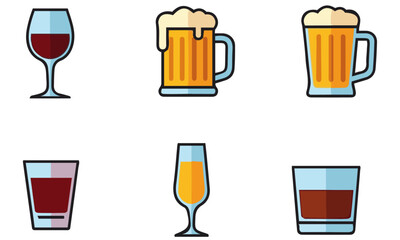 Alcoholic Beverage Glassware Icons, flat design vector icons showcasing various types of glassware typically used for alcoholic beverages, including a wine glass, two styles of beer mugs, a shot glass