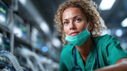A focused healthcare worker wearing scrubs and a face mask is depicted in an intensive care unit, emphasizing dedication and care in the medical field during crucial moments.