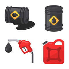 Vector Illustration of Oil Barrels and Fuel Containers with Gasoline Pump Nozzle on White Background
