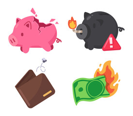 Colorful Financial Crisis Icons Featuring Piggy Banks, Wallet, and Burning Money Illustrations