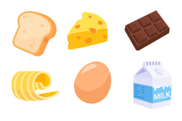 Assorted Dairy and Bakery Ingredients Including Cheese, Chocolate, Bread, Butter, Egg, and Milk on White Background