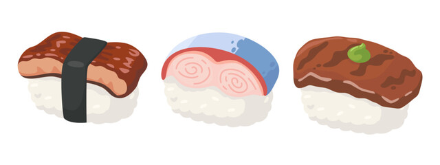 Assorted Sushi Illustrations Featuring Nigiri with Various Toppings on White Background