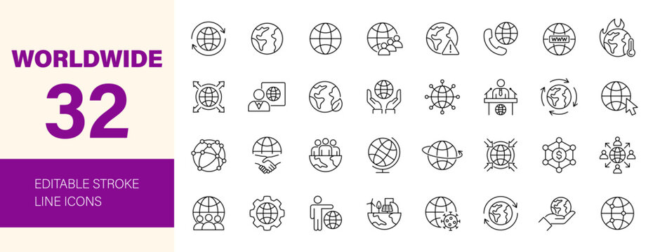 Worldwide icon set. Containing globe, world, international, global, earth, network, sphere, planet, citizen, business, population and more. Editable line icons. Vector illustration.	