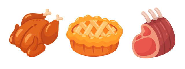 Delicious Cartoon Food Icons Featuring Roast Chicken, Pie, and Rack of Lamb on White Background