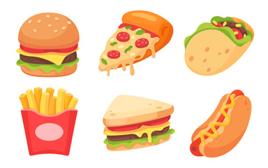 Colorful Collection of Fast Food Icons Featuring Burger, Pizza, Taco, Fries, Sandwich, and Hot Dog on White Background