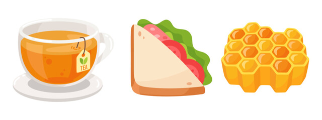 Vector Illustration of Tea Cup, Sandwich, and Honeycomb Isolated on White Background