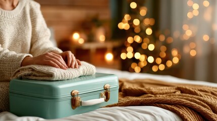 A serene scene featuring a suitcase and folded sweater on a bed, surrounded by warm lighting that evokes feelings of comfort, relaxation, and the anticipation of travel.