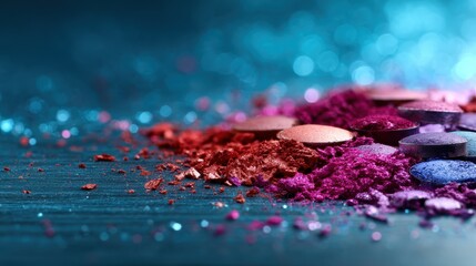 Vibrant palettes of crushed makeup pigments and pressed powders are artistically displayed, emphasizing beauty and creativity in color and texture for a striking visual appeal.