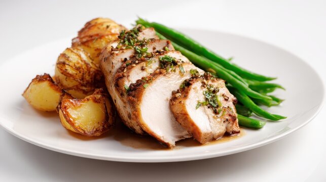 A beautifully plated dish featuring tender grilled chicken, crispy roasted potatoes, and fresh green beans garnished with herbs, ideal for a healthy lifestyle.