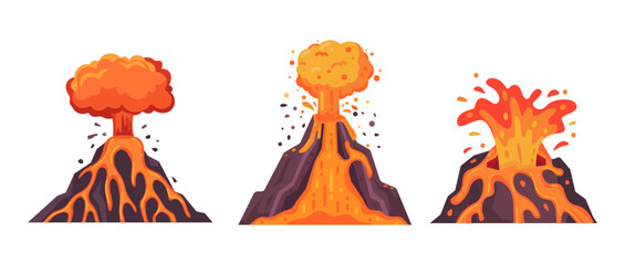 Colorful Cartoon Volcano Eruptions with Lava and Ash Explosions in a Dynamic Vector Illustration