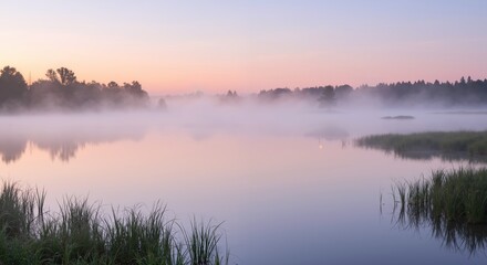 Obraz premium Misty lake at dawn with pink orange sky, fog over water. Peaceful morning landscape, serene natural beauty, tranquil atmosphere concept