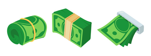 Vector Illustration of Rolled, Stacked, and Clipped Dollar Bills in Various Arrangements