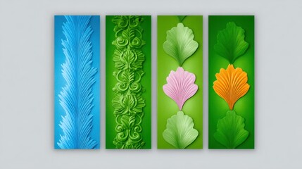 Set of Four Vertical Patterned Ornaments: Blue Geometric, Green Floral, Pink and Orange Leaves