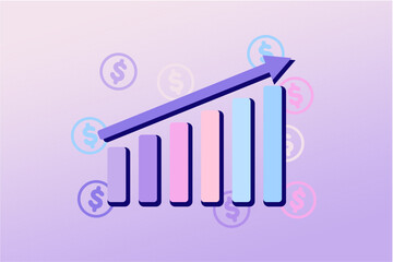 Business arrow growing on attractive color background, Profit red arrow, Vector illustration. Business concept, growing graph. Sales symbol icon concept with arrow moving up.