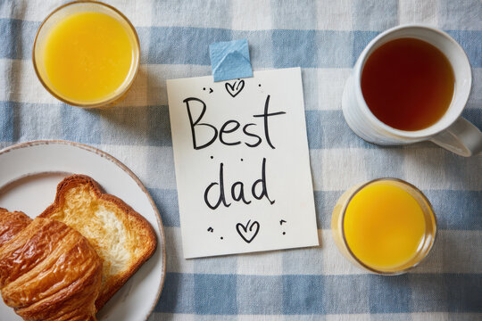 father’s day breakfast meal with hand made card