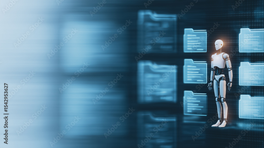 Poster artificial intelligence at work: an intelligent robot interacts with digital files, symbolizing futu