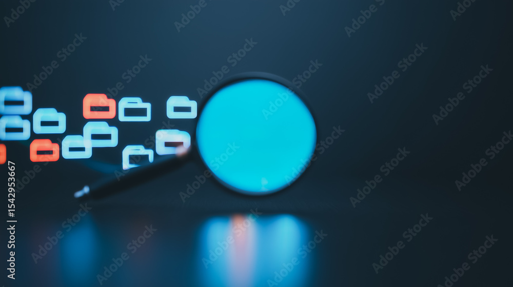Poster data analysis in view: a digital rendering of a magnifying glass focused over files floating in the 