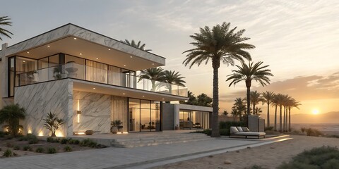 Modern luxury home design with palm trees and sunset view of architectural real estate exterior and beach
