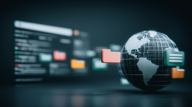 Digital Earth's Information Flow: A captivating shot of the earth interwoven with file folders and screens, representing data flow and global communication.