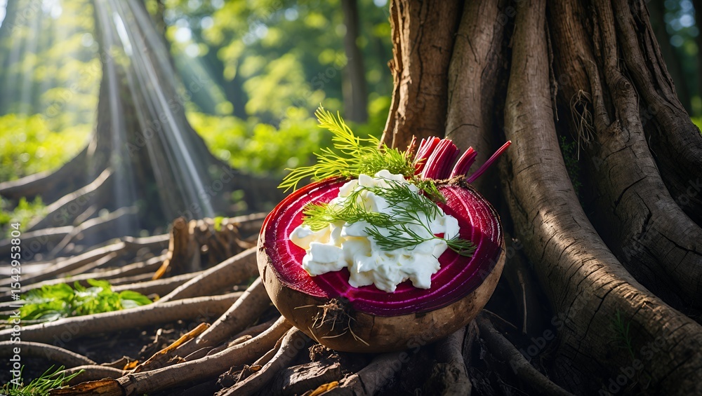 Poster beetroot with cheese and dill resting against large tree roots