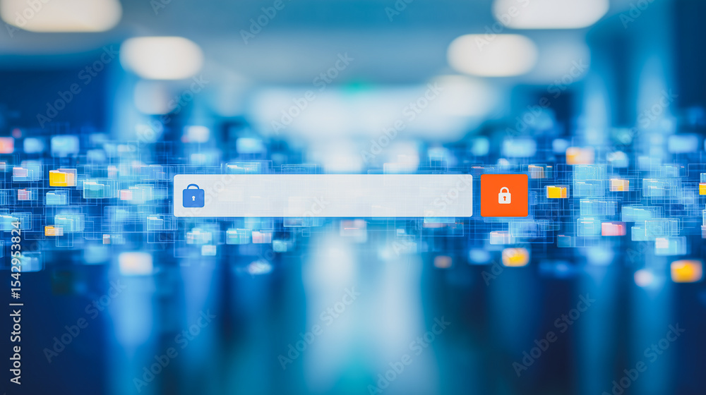 Poster cybersecurity gateway: a captivating digital rendering depicts a virtual portal, the entrance to dat