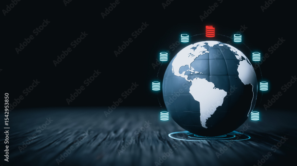 Poster global data network: a striking visual representation of a global data network, featuring a stylized