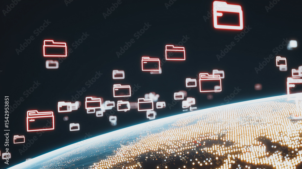 Poster global data network: a mesmerizing view of earth from space, overlaid with numerous glowing file fol