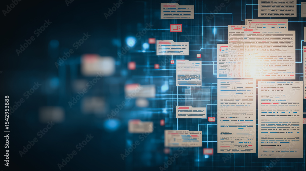 Poster digital document grid: a dynamic display of digital files and interconnected data streams, symbolizi