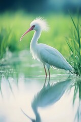 Obraz premium Crested ibis foraging in rice paddies in spring