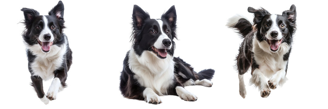 Collection of different cute border collie dogs isolated on transparent background, PNG set