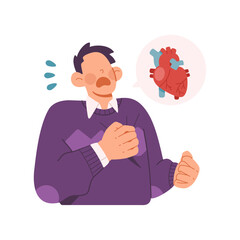 Man clutching his left chest suffering from severe heart attack, a medical emergency, panicking from cardiac pain symptoms. Flat vector character illustration isolated on white background