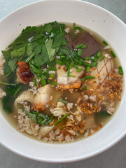 Thai Style Clear Soup with Congealed pork blood, pork entrails clear soup. Chinese food.	
