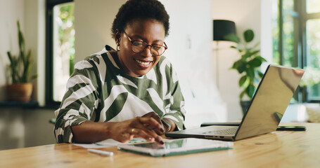 Smile, black woman or typing on tablet at house for accounting, finance report or review budget....