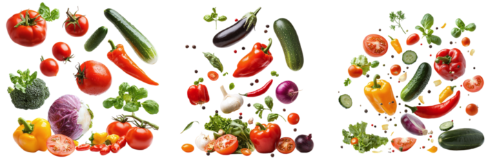 Set of various ripe falling vegetables isolated on transparent background PNG