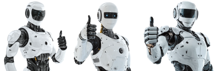 Modern humanoid robot showing thumb up isolated on transparent background, PNG set