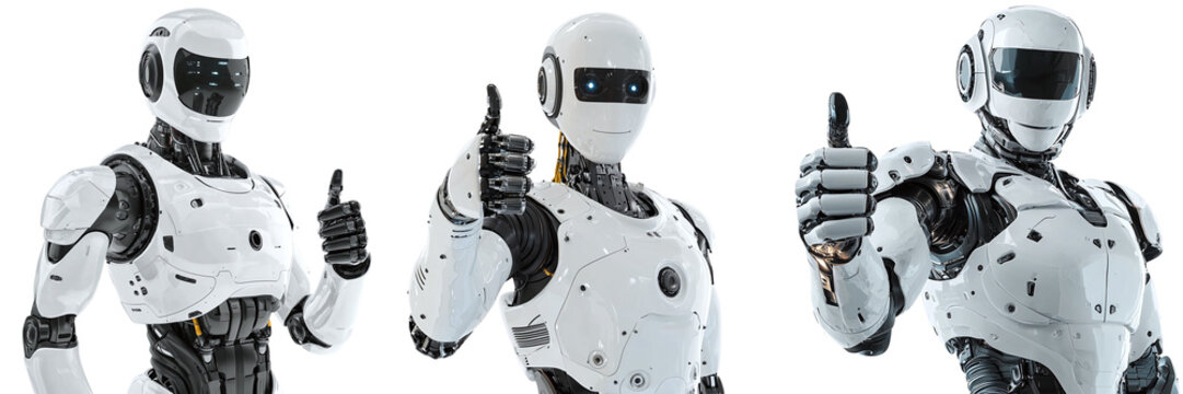 Modern humanoid robot showing thumb up isolated on transparent background, PNG set