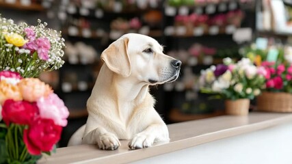 International dog day. A yellow Labrador retriever sits at a flower shop counter, surrounded by colorful fresh bouquets. - Powered by Adobe