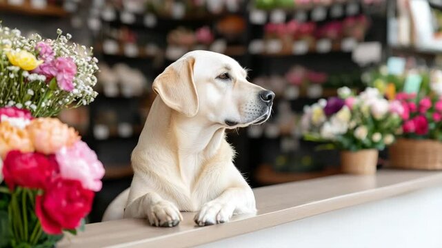 International dog day. A yellow Labrador retriever sits at a flower shop counter, surrounded by colorful fresh bouquets.