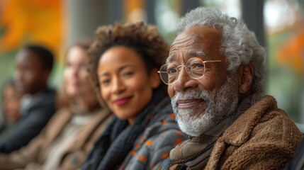 A senior Black man with a white beard and glasses shares a warm, joyful smile with the camera. A younger woman smiles beside him, capturing a moment of happy connection within a diverse group or famil