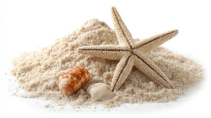 An solitary white background with a heap of sand and a starfish with shells