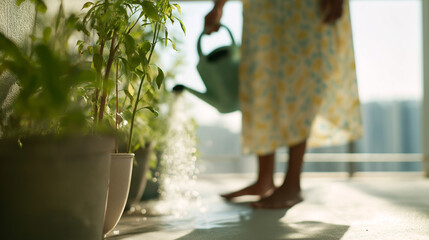 A conceptually strong stock frame a well-dressed person tends to a vibrant indoor plant in a sunlit room - the allure of a flower pot and home gardening.