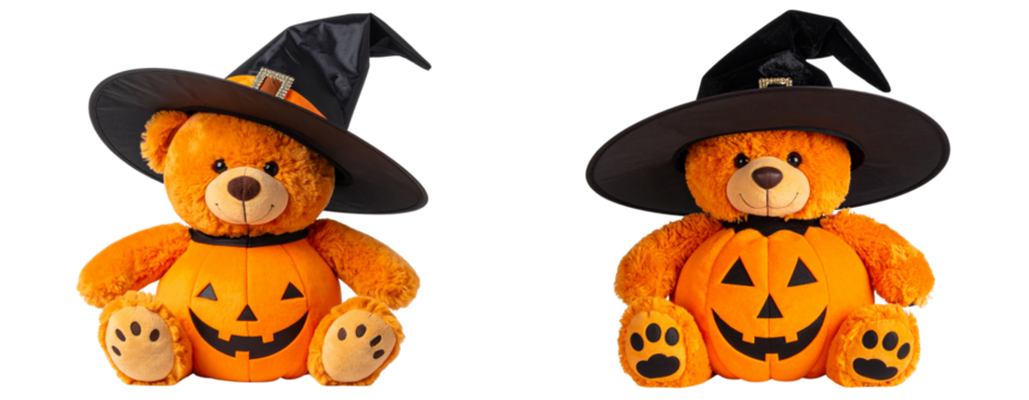Halloween Teddy Bear in Pumpkin Costume with Witch Hat, isolated on transparent background.