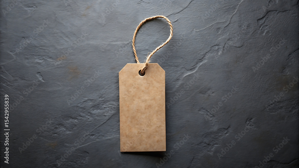 Poster a brown paper tag with a string loop on a dark gray textured surface creating a simple composition
