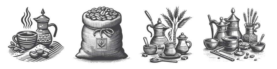 Vintage Hand-Drawn Arabic Coffee Bean Collection Illustration, Middle Eastern Beverage Engraved Style Vector for T-Shirts and Cultural Themes Design