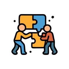 Two figures collaboratively connect puzzle pieces, symbolizing teamwork and problem-solving.