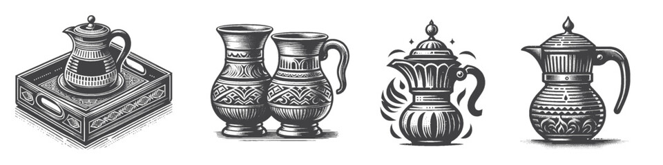 Vintage Hand-Drawn Arabic Coffee Pot Collection Illustration, Kitchenware Engraved Style Vector for T-Shirts and Middle Eastern Themes Design