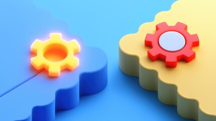 Two colorful interlocking gear pieces on a vibrant background symbolize connection, collaboration, and mechanical synergy.