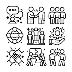 Nine icons depicting teamwork, collaboration, communication, and success in a business context.