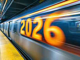 The numbers 2026 are depicted on a subway train in long exposure style
